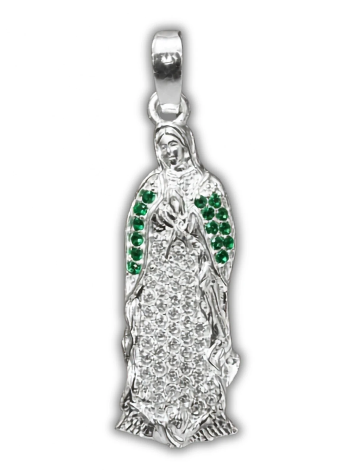 Dije de Plata de la Virgen de Guadalupe con Zirconias Verdes 28 MM