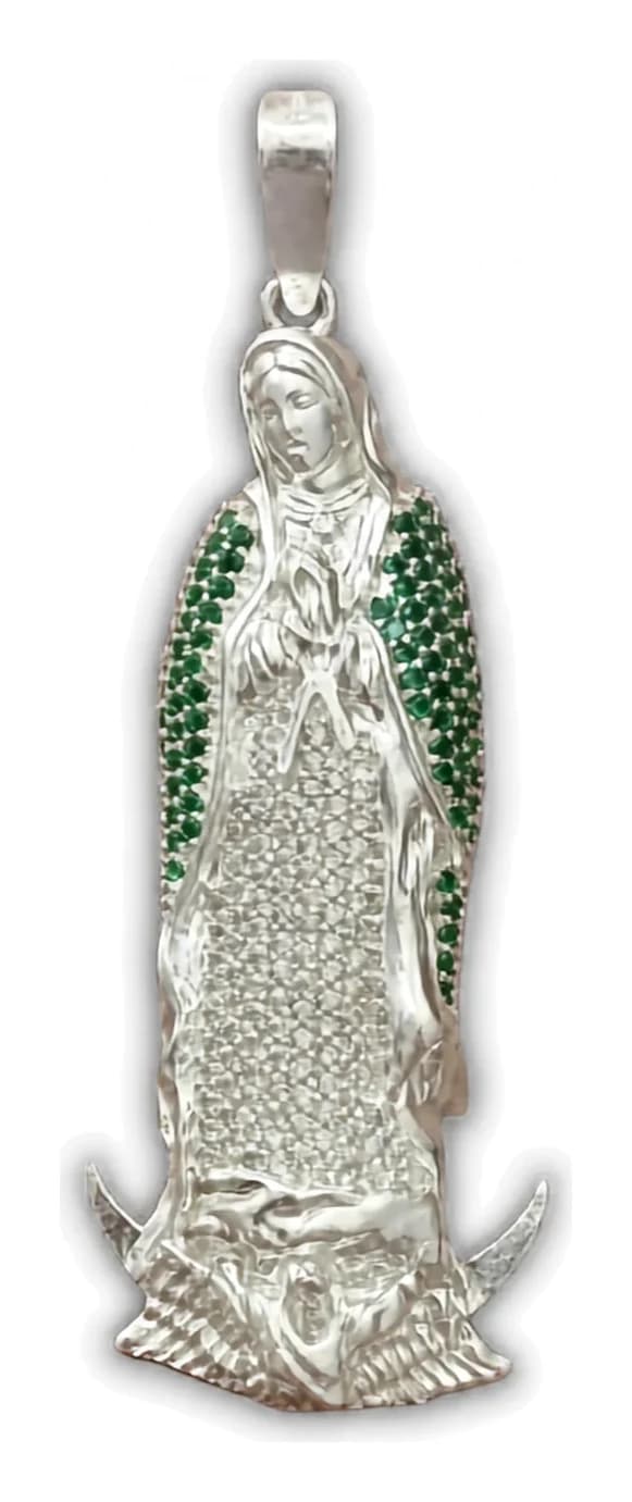 Dije de Plata de la Virgen de Guadalupe con Zirconias Verdes 49 MM