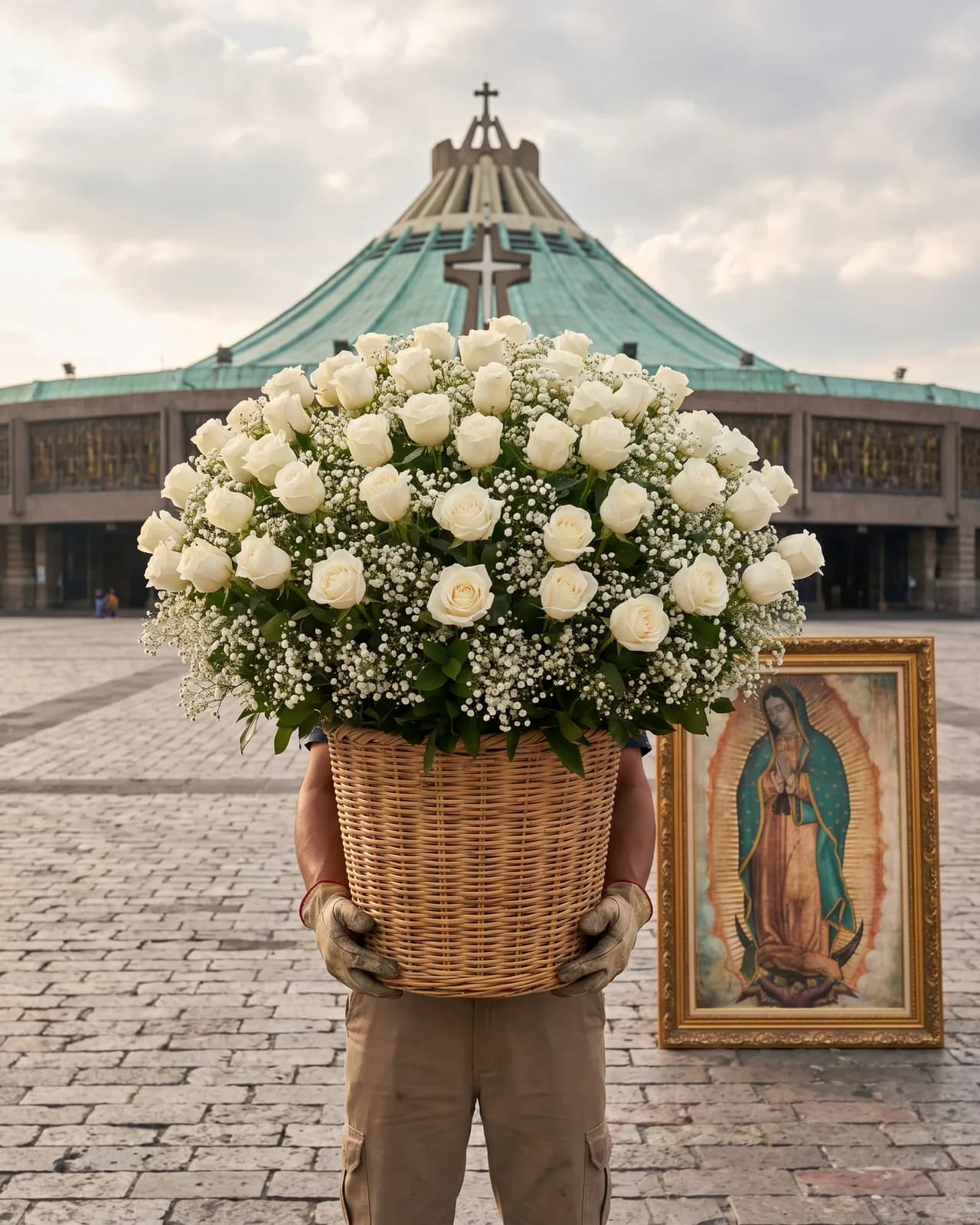 Canasta de rosas blancas llevada a la Basílica de Guadalupe