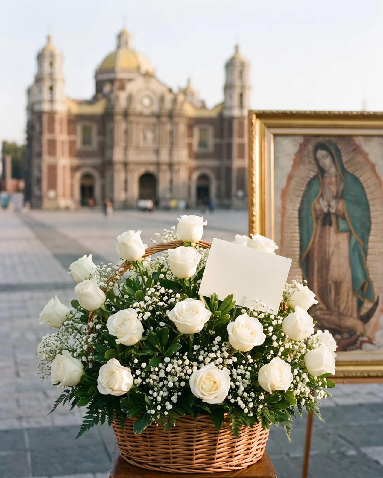 Tarjeta de dedicatoria en un arreglo de rosas blancas para la Virgen de Guadalupe