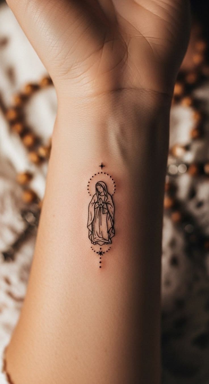 Tatuaje pequeño y minimalista de la Virgen de Guadalupe en la muñeca