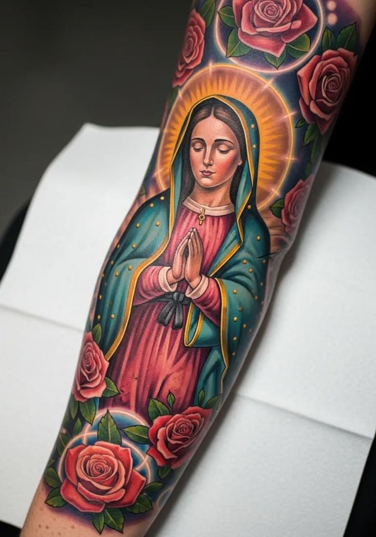 Tatuaje a color de la Virgen de Guadalupe en el brazo con rosas y aura dorada