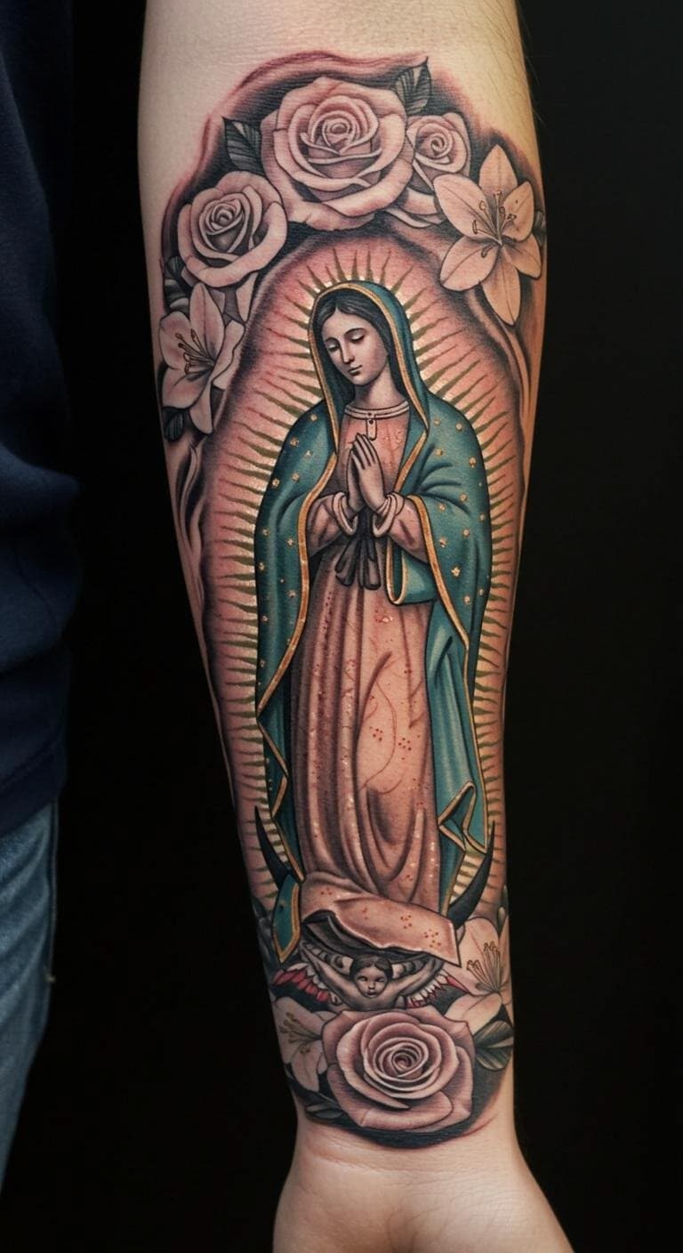 Tatuaje a color de la Virgen de Guadalupe rodeada de rosas