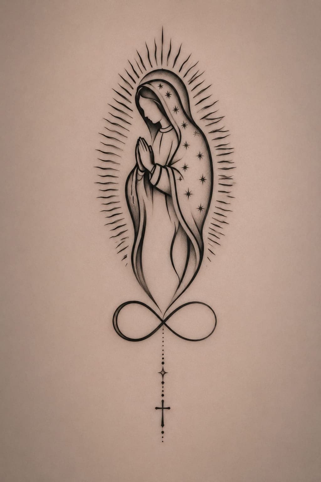 Diseño minimalista de tatuaje de la Virgen de Guadalupe en línea fina con rosario