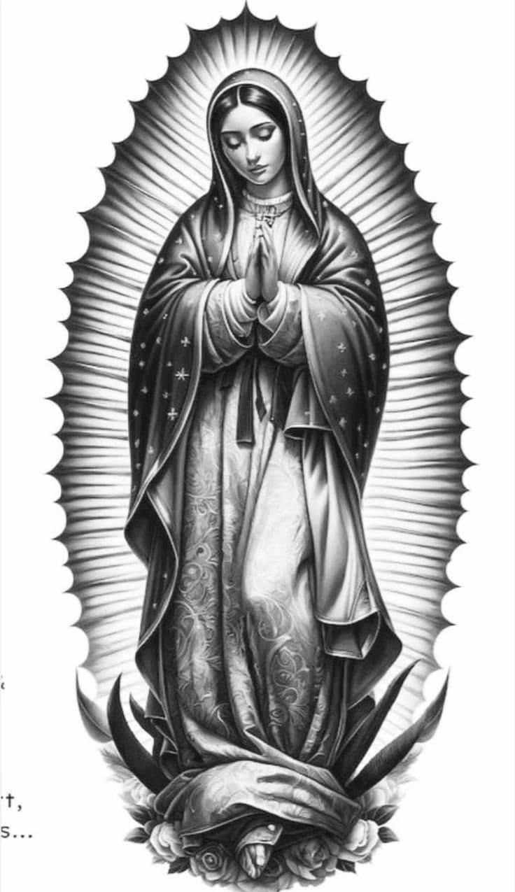 Diseño realista en blanco y negro de un tatuaje de la Virgen de Guadalupe