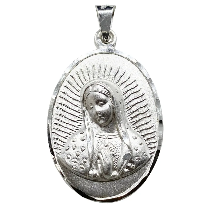 Medalla de Plata de La Virgen de Guadalupe Ovalada Mate Grande 30 MM